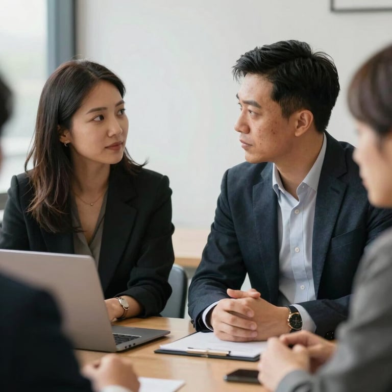 Two professionals in a meeting, seen from a distance, reflecting a collaborative and community-focused atmosphere.