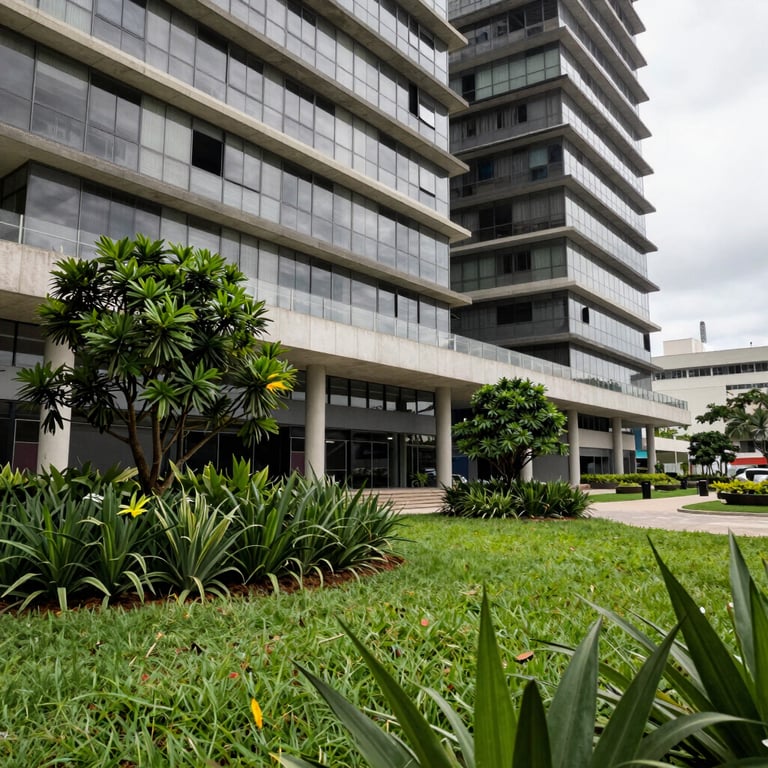 An outdoor view of a modern Brazilian commercial building with lush green landscaping.
