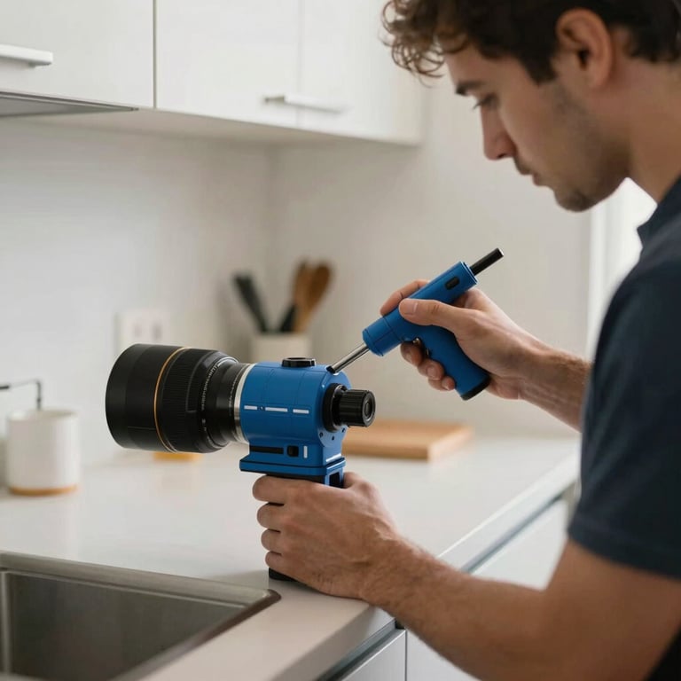 A technician using professional blue specialized tools to inspect a tidy North American / US kitchen space.