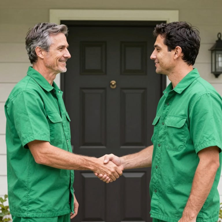 A satisfied homeowner shaking hands with a technician in a vibrant leaf green uniform at a North American / US front door.