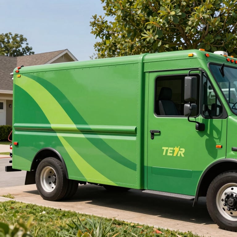 A clean service truck with vibrant leaf green branding parked in a sunny North American / US residential driveway.
