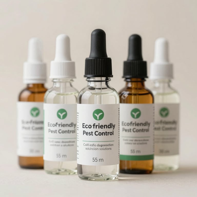 Close-up of eco-friendly pest control solutions in clear bottles against a soft off-white background.
