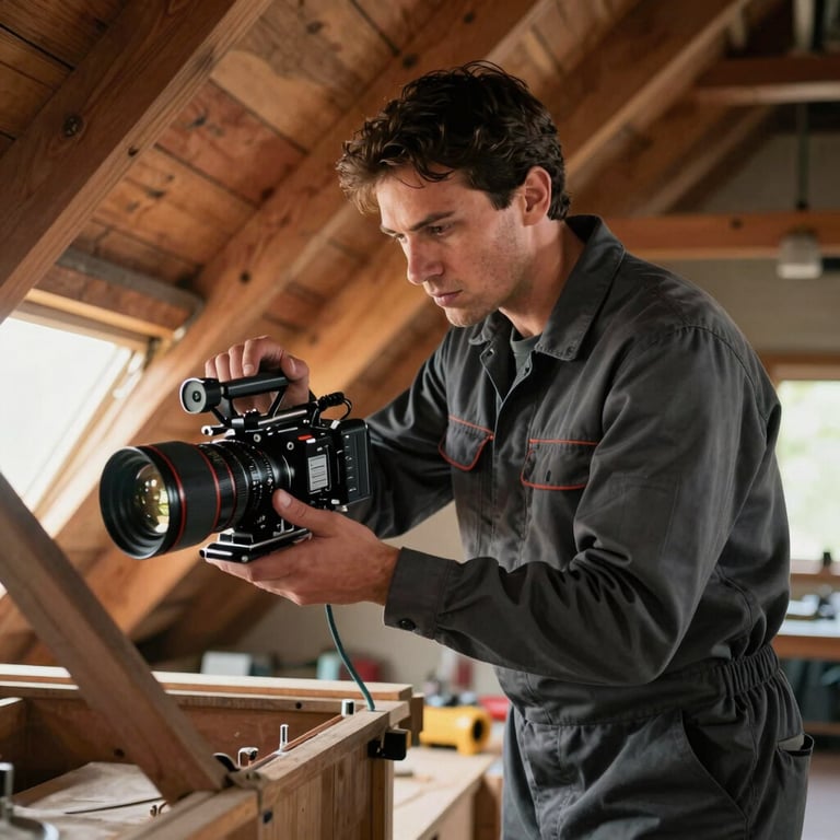 A professional technician in deep charcoal grey gear carefully inspecting a North American / US home attic.