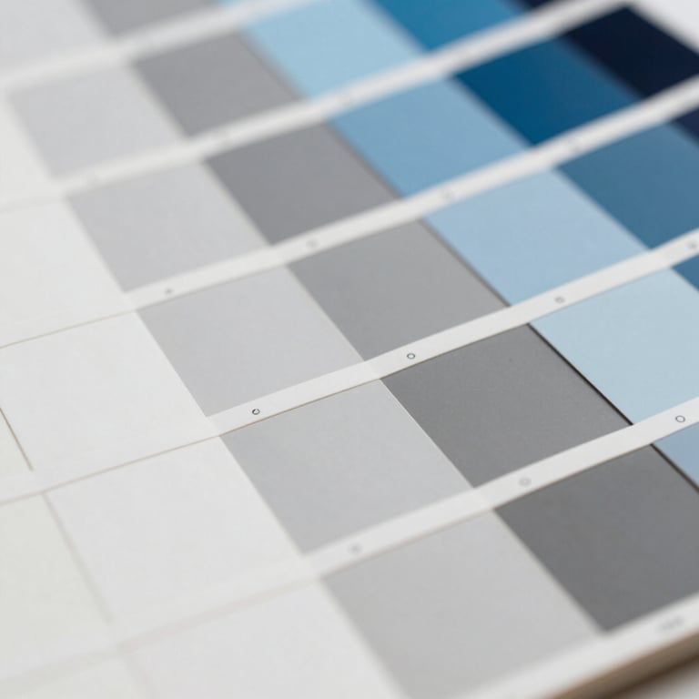 A macro shot of a color palette swatch showing professional shades of white, gray, and blue.