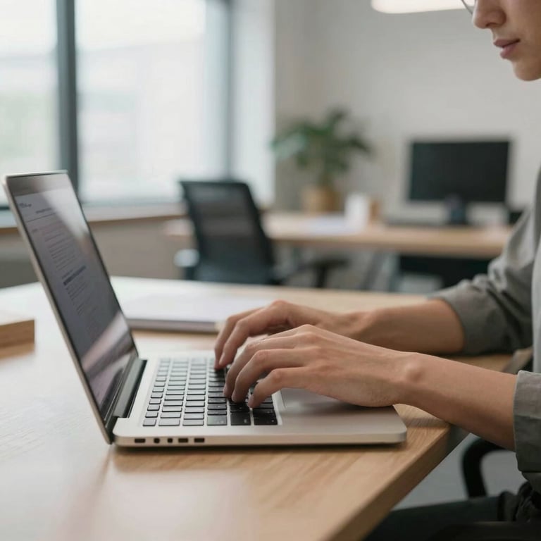 A professional designer's hands typing on a laptop in a bright North American office space.