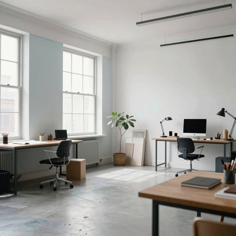 A stylish creative studio interior with white walls, light blue-gray accents, and large windows.