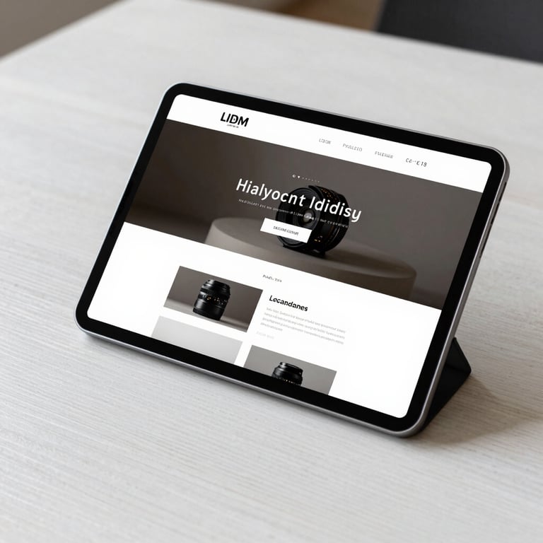 A minimalist website layout displayed on a sleek tablet screen on a white wooden table.