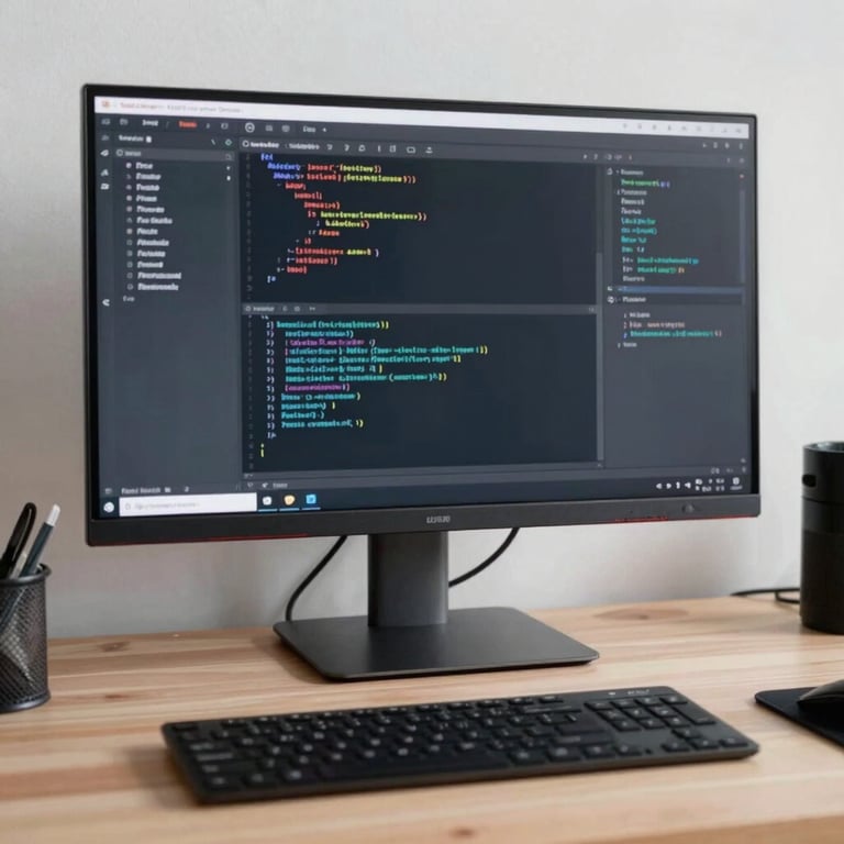 A clean workspace featuring a large monitor with a blurred coding interface in the background.