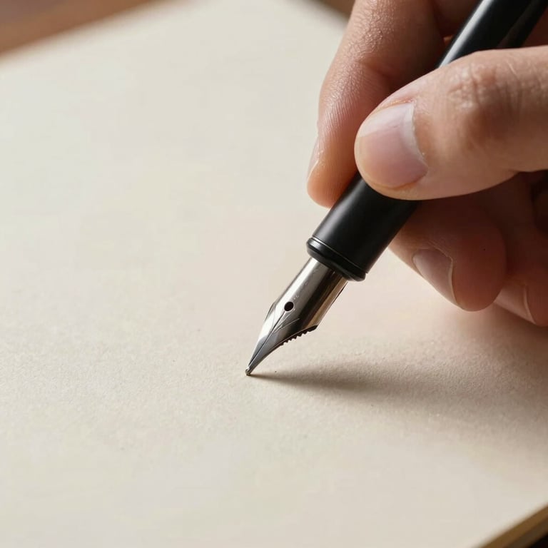 Macro close-up of hands writing with a black ink fountain pen on thick, cream-colored textured paper, sharp focus on the nib, dramatic shadows.