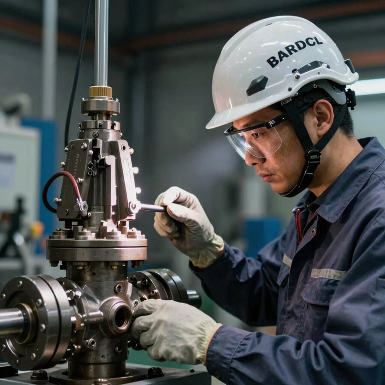 Close-up shot of a professional industrial technician wearing full safety gear and helmet, inspecting a heavy-duty electromechanical valve assembly, focused work light, dark industrial background with blue highlights.