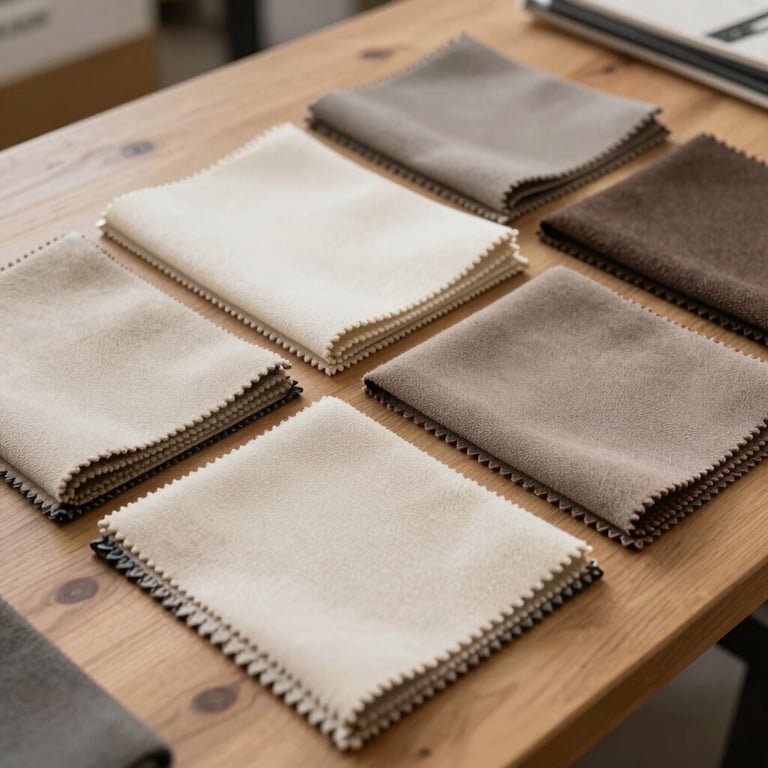 A collection of premium upholstery fabric swatches in cream, taupe, and muted brown tones arranged neatly on a wooden workshop table.