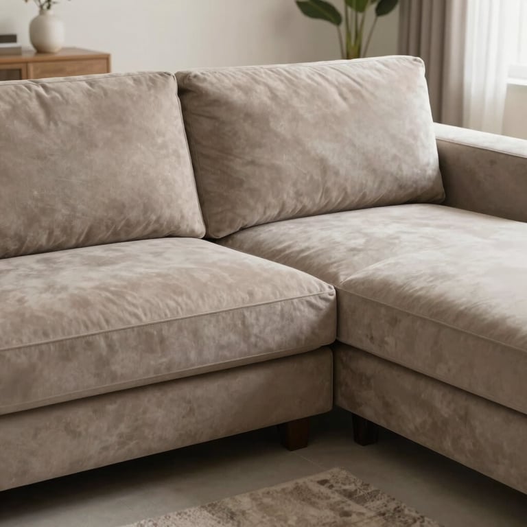 A modern L-shaped sofa completely re-upholstered in a sleek, neutral taupe fabric, placed in a bright Indian home interior.