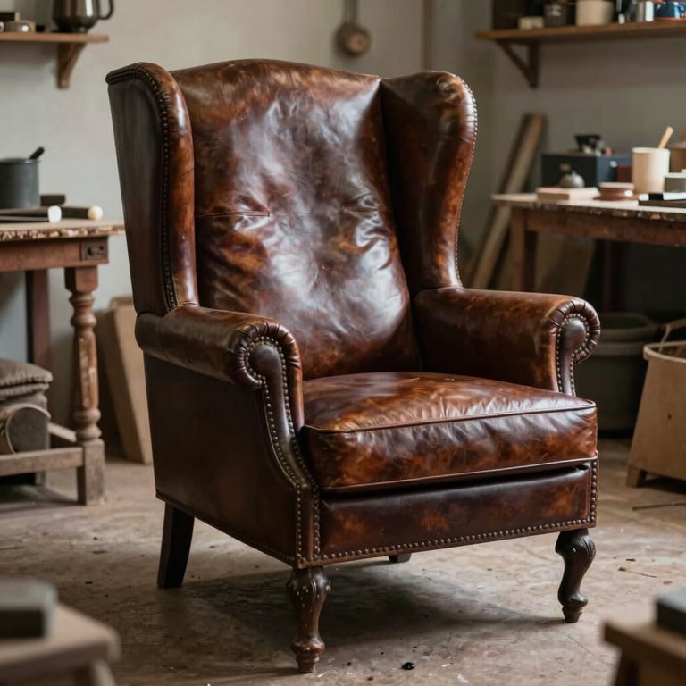 A classic wingback chair being remodeled with new dark brown leather upholstery in a heritage South Asian workshop.