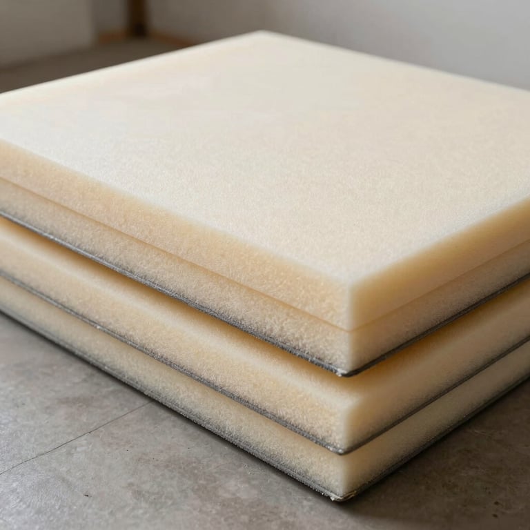 Layered high-density foam and new sofa cushions being prepared for installation, showing the internal quality of the repair work.