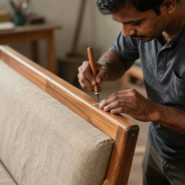 A South Asian craftsman carefully repairing a wooden sofa frame with traditional tools in a professional workshop setting.