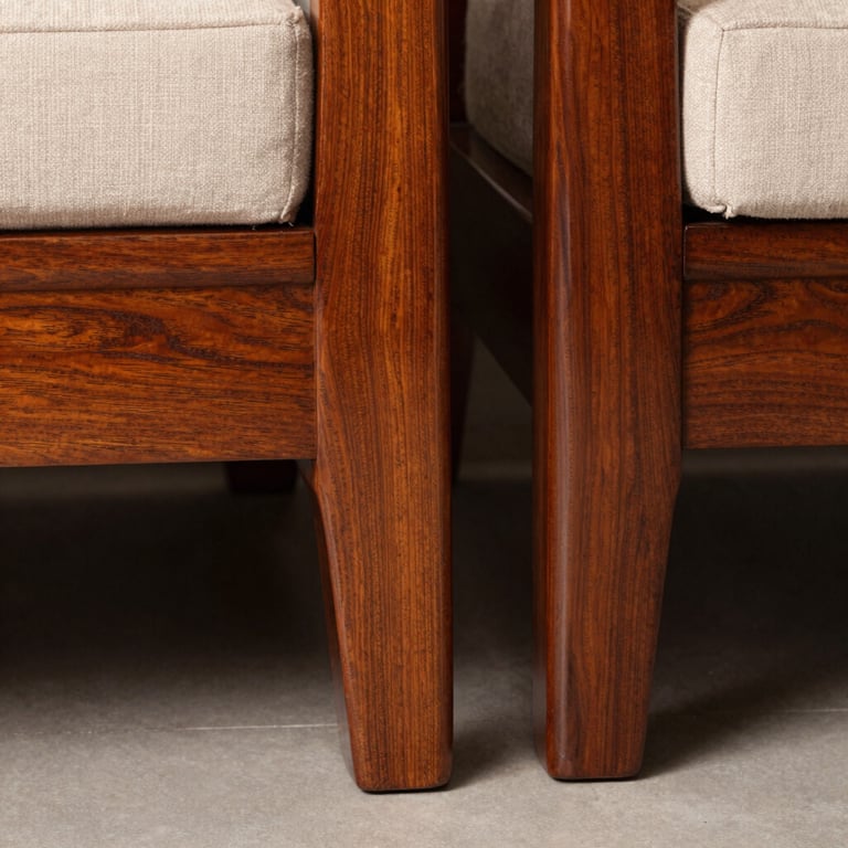 Close-up of polished mahogany-colored wooden sofa legs reflecting high-quality finish and shine.