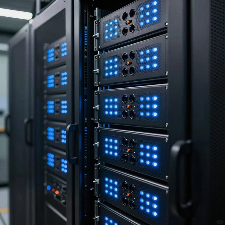 A high-tech server room with glowing light blue indicators, representing AI infrastructure efficiency.