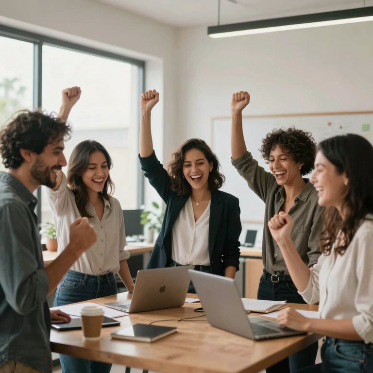 A group of diverse South American professionals celebrating a success in a modern, light-filled creative studio.