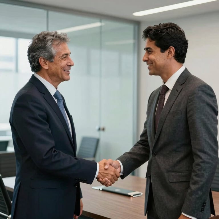 Two Brazilian business partners shaking hands in a bright, glass-walled conference room.