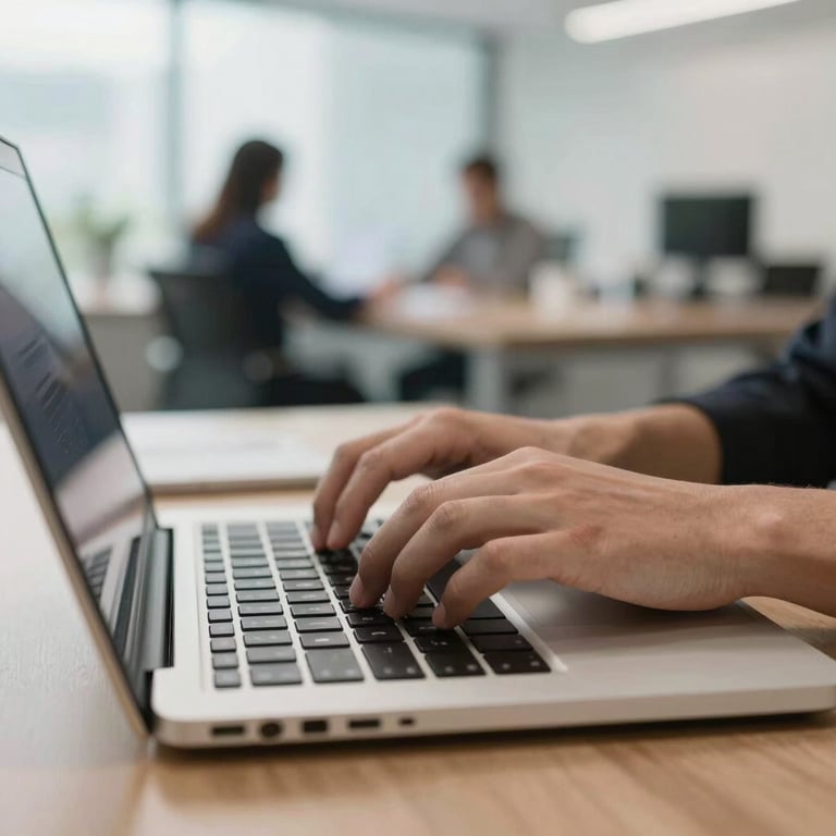 A macro shot of hands typing on a premium laptop in a bright, modern South American office environment.