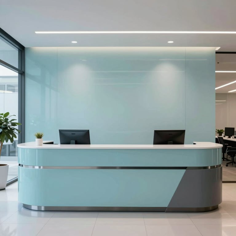 A sleek, modern corporate reception in a Brazilian tech park, featuring professional lighting in light blue.