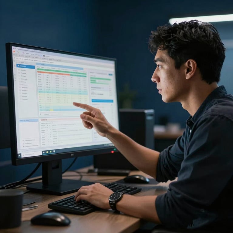 A focused South American professional examining data on a high-definition monitor in a dark blue themed room.