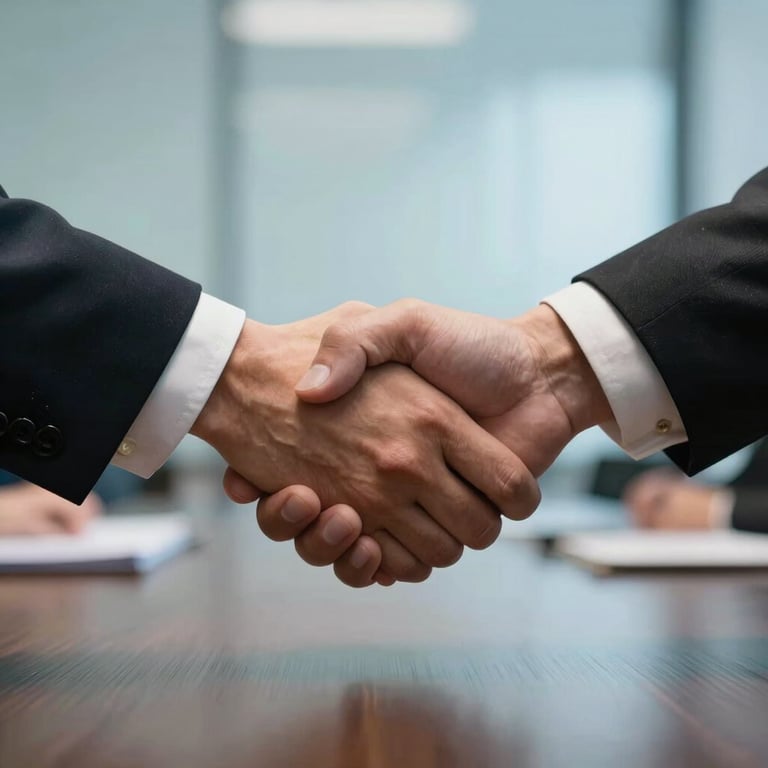 A close-up of a professional handshake in a boardroom, with soft blue lighting reflecting off polished surfaces.