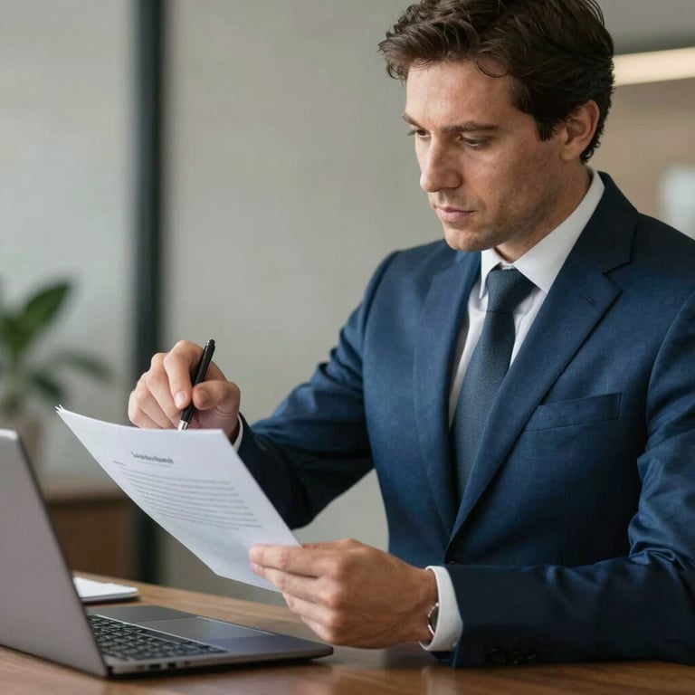 An expert consultant in a dark steel blue suit reviewing a contract with a focus on professional trust.