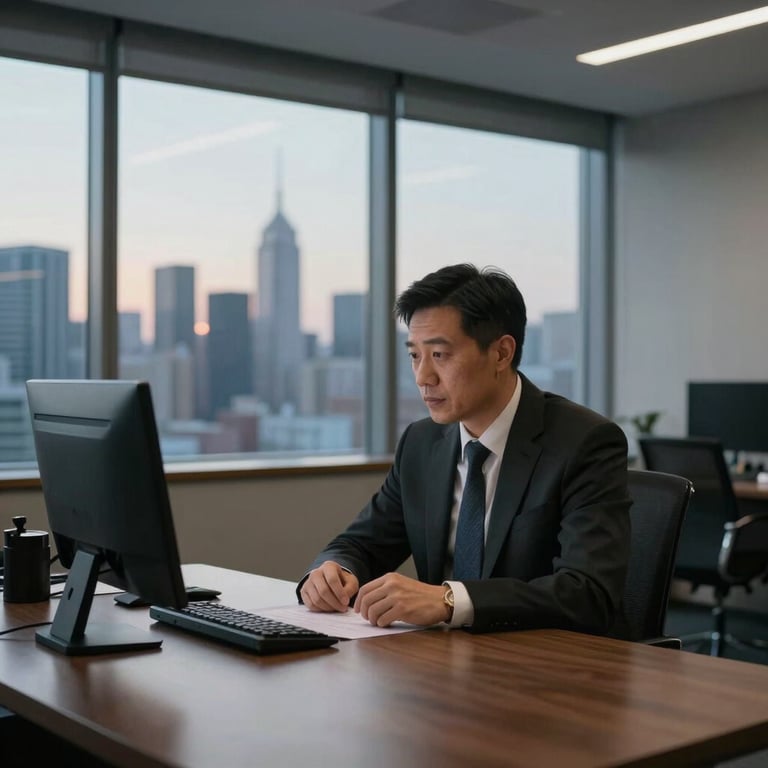 A quiet, focused legal consultation in a well-lit office with a view of a city skyline at dusk.