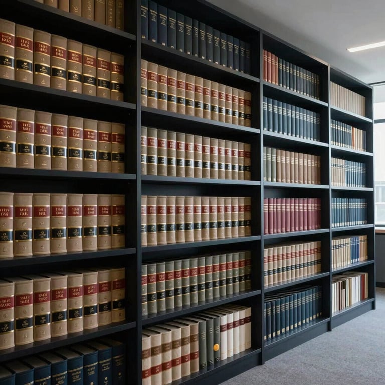 A modern, minimalist law library with dark navy shelving and neatly organized legal volumes.