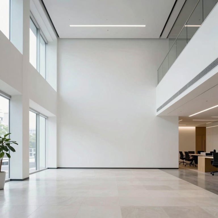 A wide shot of a bright, sophisticated office lobby featuring mist white walls and clean architectural lines.