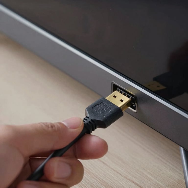 Close-up of a hand connecting a high-speed HDMI cable into the side port of a thin, modern LED television.
