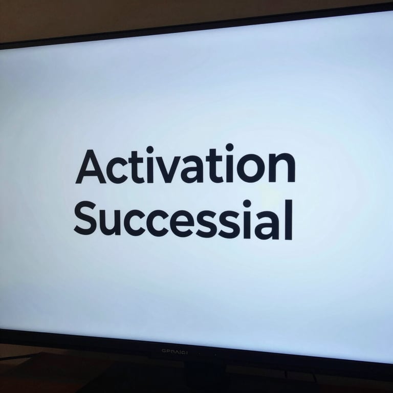 A sharp image of a TV screen displaying an 'Activation Successful' message in clear English text against a soft blue background.