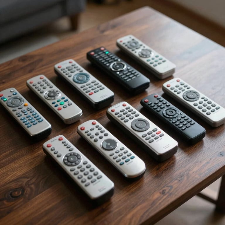 A collection of various silver and black television remote controls neatly arranged on a dark wood coffee table.