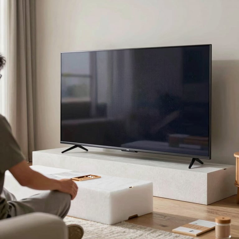 A person unboxing a brand new large-screen television in a well-lit North American living room, with protective foam and packaging visible.
