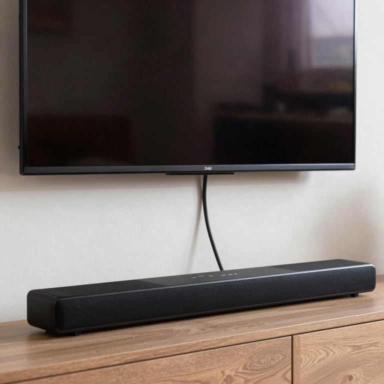 A clean, organized home entertainment center with a wall-mounted TV, hidden cables, and a sleek soundbar underneath.