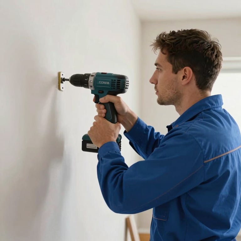 A professional worker in a blue uniform using a power drill to mount a bracket onto a stud in a residential wall.