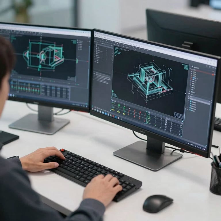 Overhead view of a modern engineering workstation with dual monitors displaying complex CAD 3D models and technical schematics.