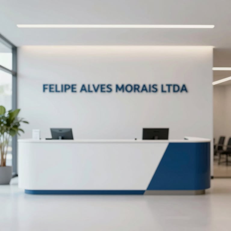Minimalist and professional reception area of FELIPE ALVES MORAIS LTDA, showcasing a clean, credible design with #A0AEC0 accents.