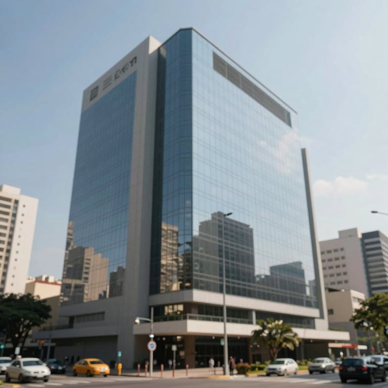 The exterior of a sleek, modern commercial building in Belo Horizonte, reflecting urban engineering excellence under a clear sky.