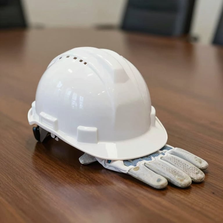 A white safety helmet and professional gloves resting on a mahogany conference table, symbolizing safety and technical readiness.