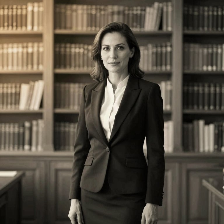 Black and white executive portrait of a female chief legal counsel, elegant professional attire, soft library background
