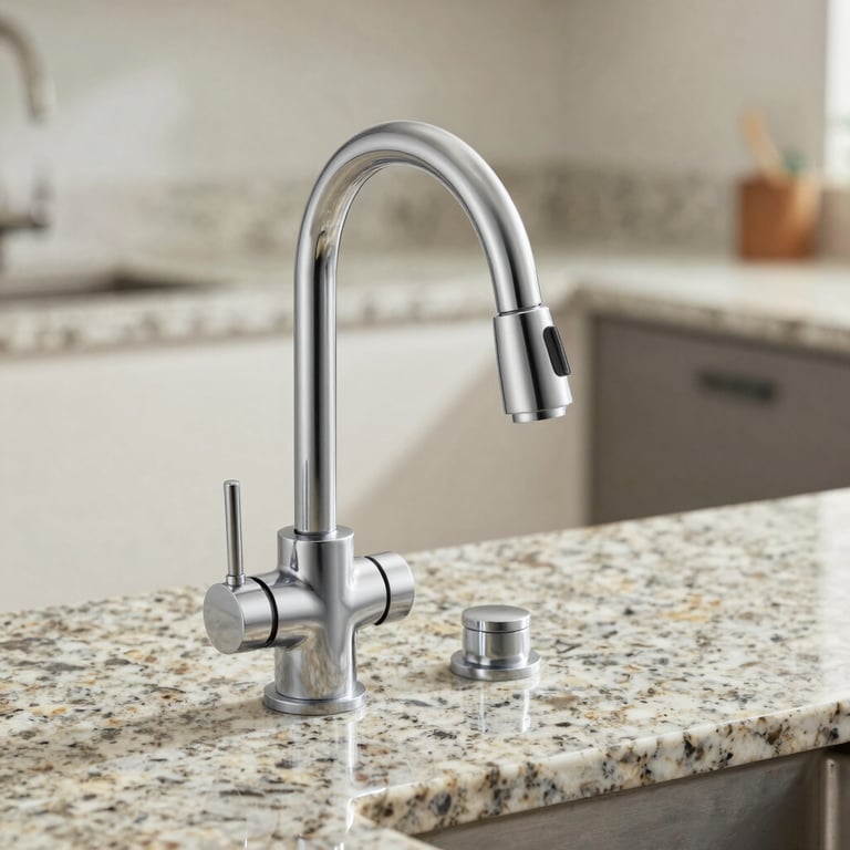A new, modern chrome kitchen faucet being installed on a granite countertop, North American / US - Florida.