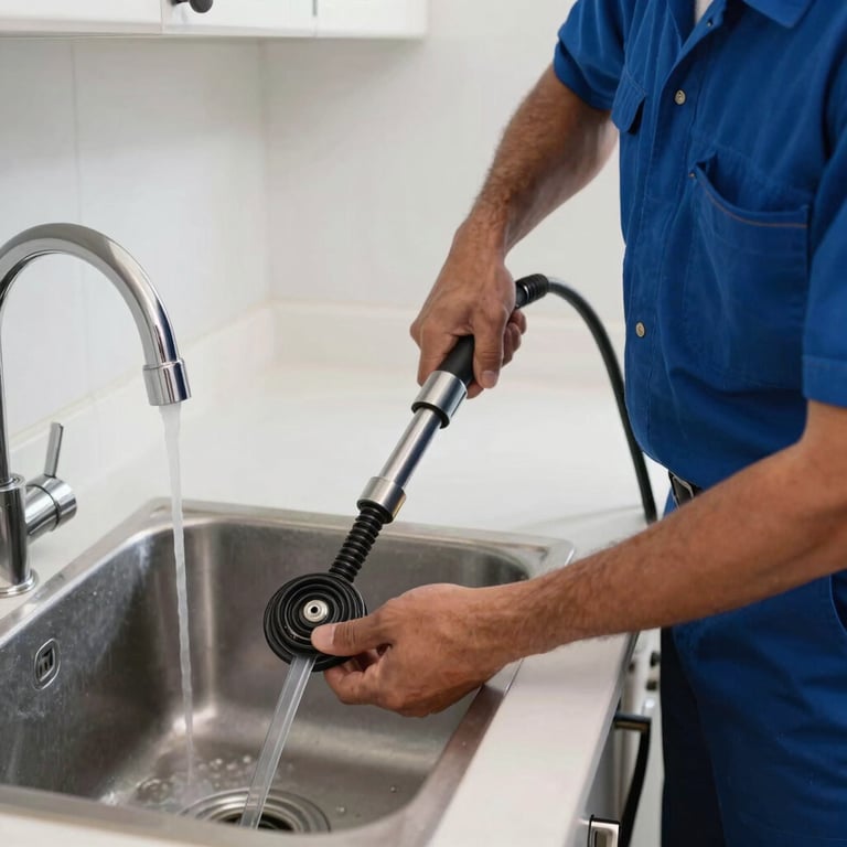 A plumber in a deep blue uniform using a professional drain snake to clear a kitchen sink, North American / US - Florida.