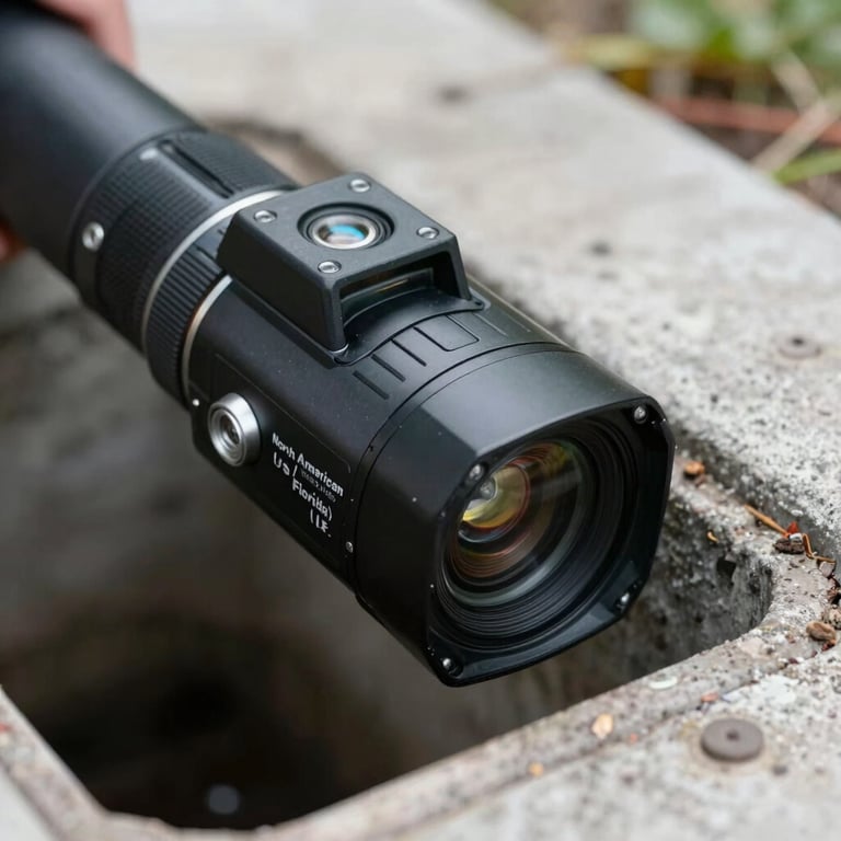Close-up of a high-tech sewer line inspection camera being inserted into a pipe, North American / US - Florida.