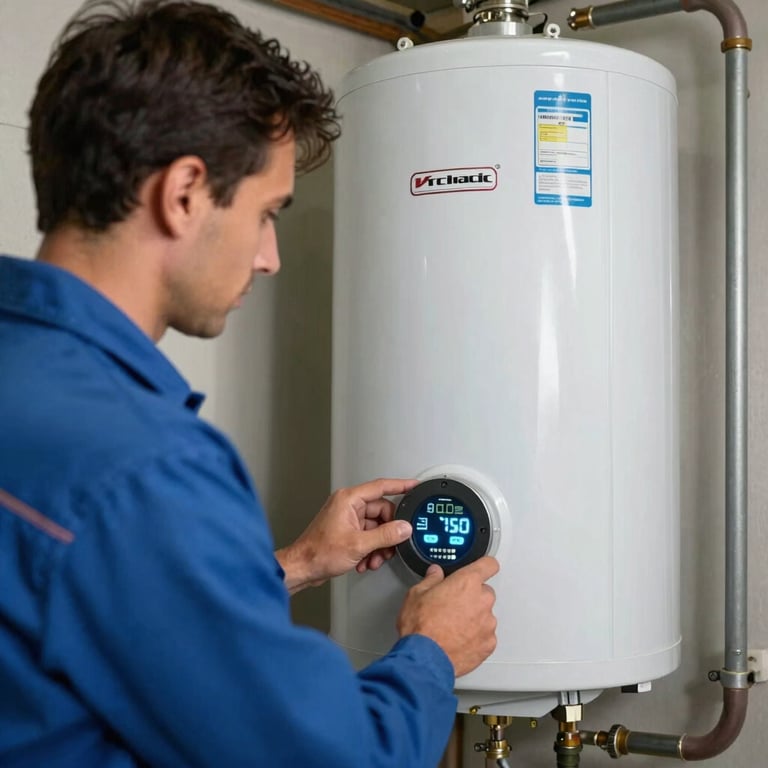 Technician inspecting a modern energy-efficient water heater in a Florida garage, North American / US - Florida.