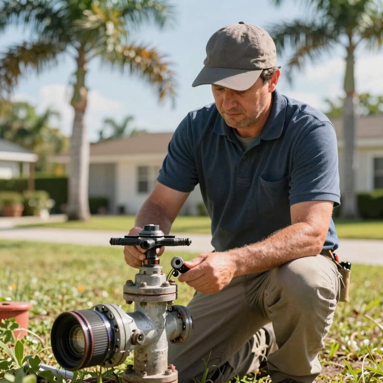 Detailed view of a master plumber repairing an outdoor main water line in a sunny yard with palm trees, North American / US - Florida.