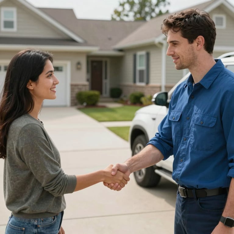 A technician and a customer shaking hands in a residential North American driveway next to a serviced vehicle, conveying trust.