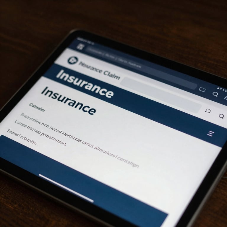 A close-up of a digital tablet showing an insurance claim confirmation screen with a dark navy and medium blue interface.