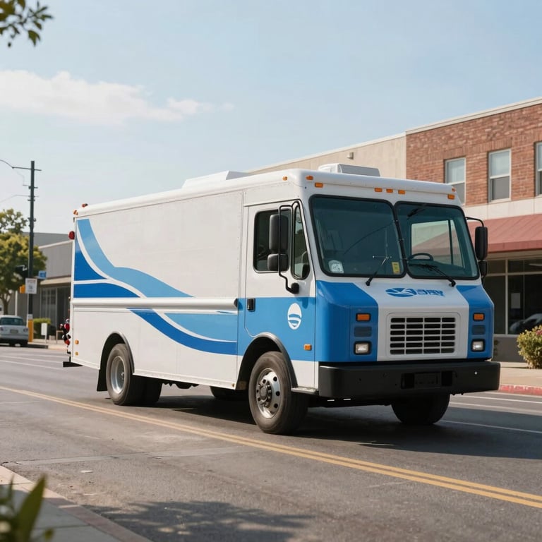 A wide shot of a branded white and medium blue service truck driving through a clean North American city street during a sunny morning.